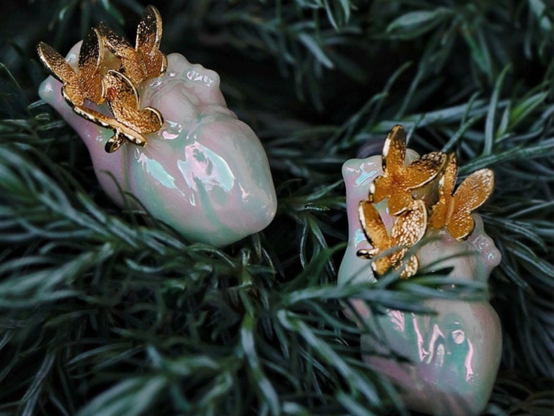 Anatomical Human Heart Stud Earring, Handmade Butterfly & White Heart