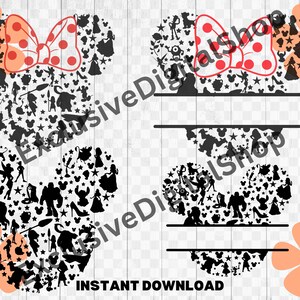 Könnte beinhalten: Zwei schwarze und weiße Mickey-Maus-Kopf-Silhouetten, gefüllt mit Disney-Charakteren. Die Silhouetten sind von rosa Blumen mit weißen Zentren umgeben. Der Text "INSTANT DOWNLOAD" befindet sich am unteren Rand des Bildes.
