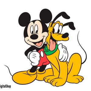 May include: Mickey Mouse and Pluto, two iconic Disney characters, are shown in a cartoon style. Mickey is wearing his signature red shorts and yellow shoes, while Pluto is a yellow dog with a green collar. They are both smiling and appear to be close friends.