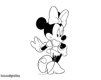 Minnie Mouse Cute SVG | Classic Cartoon Outline, Girl Mouse Standing, Black & White | Digital Download Cricut Silhouette