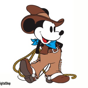 May include: A cartoon illustration of Mickey Mouse dressed as a cowboy. He is wearing a brown hat, a blue bandana, brown pants with fringe, and brown boots with spurs. He is holding a rope in his right hand.