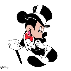 May include: A black and white cartoon mouse wearing a black top hat with a white band, a white bow tie, and a red bow tie. The mouse is smiling and has a red tongue sticking out.