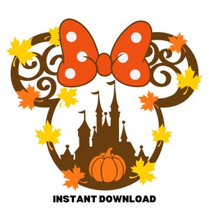 May include: A fall-themed graphic featuring a brown silhouette of Mickey Mouse ears with a castle and pumpkin inside. An orange bow with white polka dots sits at the top. Yellow and orange leaves surround the ears. Text at the bottom reads "INSTANT DOWNLOAD."