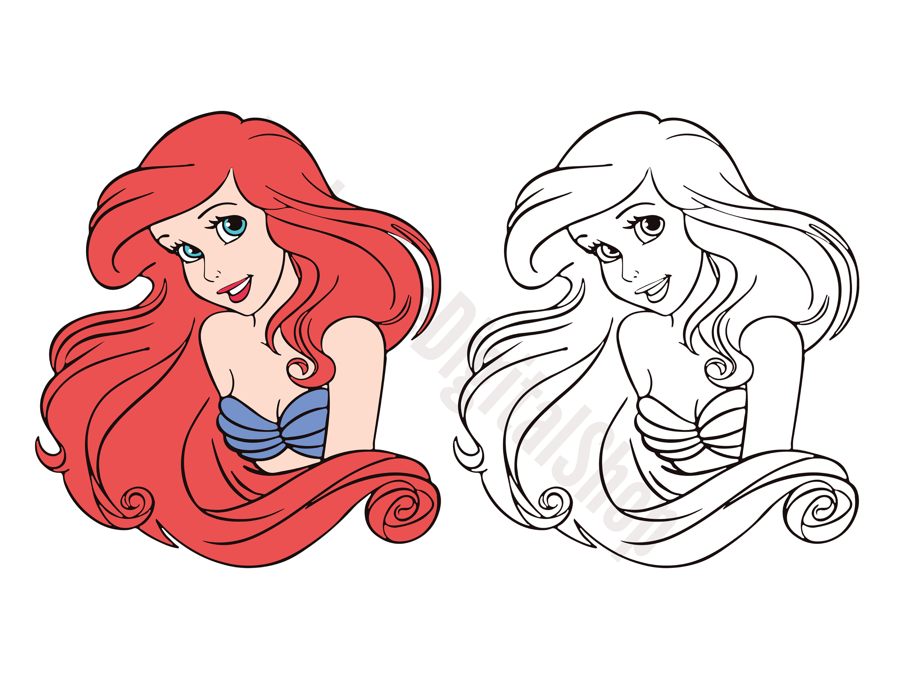 Princess Ariel SVG Princess Ariel Outlined SVG Cut File - Etsy UK