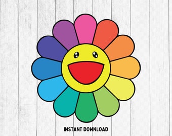 Rainbow Flower SVG | Smiley Face, Colorful Petals, Cartoon Happy Art | Digital Download Cricut Silhouette