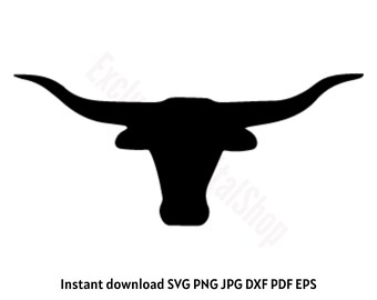 Op de afbeelding: Zwarte silhouet van een longhorn stierenkop met grote hoorns.