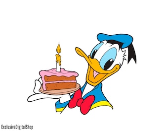 Donald Duck Cake SVG | Cartoon Duck with Birthday Cake, Blue Sailor Suit, Disney Clipart | Digital Download Cricut Silhouette