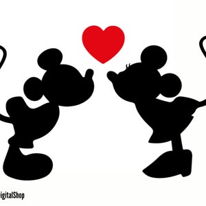 Könnte beinhalten: Silhouette von Mickey Mouse und Minnie Mouse, die sich küssen, mit einem roten Herzen über ihnen.