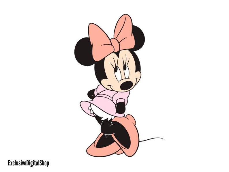 May include: A cartoon illustration of Minnie Mouse wearing a pink dress and a pink bow. She is standing on one leg with her other leg bent at the knee.