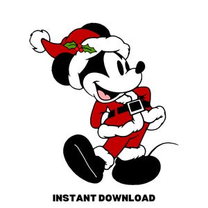 May include: A cartoon illustration of Mickey Mouse dressed as Santa Claus, wearing a red suit with white trim and a matching hat. The image includes the text "INSTANT DOWNLOAD" at the bottom.