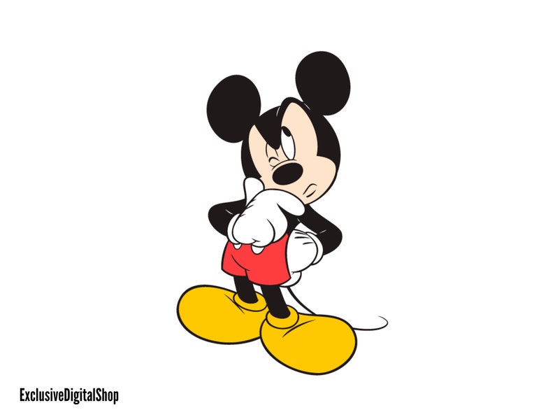May include: A cartoon illustration of Mickey Mouse with a thoughtful expression. He is wearing his signature red shorts and yellow shoes.