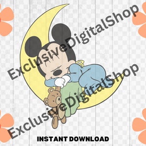 Baby Mickey sleepping on the moon with teddy bear,  Cut File - Digital Download svg png Design For Cricut or Silhouette Cut File