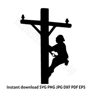 May include: Silhouette of a person climbing a utility pole with a crossbar. The person is wearing a hard hat and safety gear. The pole is made of wood and has a crossbar with insulators.