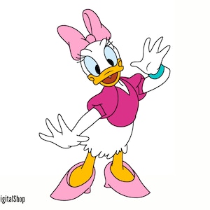 May include: A cartoon illustration of a white duck with a pink bow, pink dress, and pink shoes. The duck is waving with its right hand and has a surprised expression on its face.