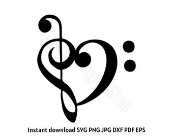 Musical Note Heart SVG | Treble Clef, Bass Clef, Minimalist Heart, Music Clipart | Digital Download Cricut Silhouette