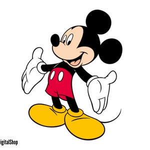 May include: A cartoon illustration of Mickey Mouse, a well-known Disney character. Mickey is wearing his signature red shorts with two black buttons, white gloves, and yellow shoes. He has large black ears and a big smile.