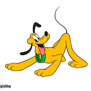 Könnte beinhalten: Eine Cartoon-Illustration eines gelben Hundes mit schwarzen Ohren und einem grünen Halsband. Der Hund liegt auf dem Bauch mit herausgestreckter Zunge.