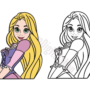 May include: A cartoon illustration of a princess with long blonde hair, wearing a purple and pink dress. She has green eyes and freckles.