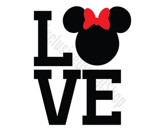 Minnie Mouse Love SVG | Silhouette, Red Bow, LOVE Word Art, Valentine Clipart | Digital Download Cricut Silhouette