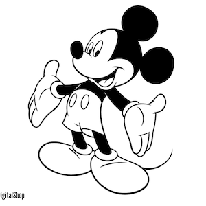 Könnte beinhalten: Schwarz-weiß-Zeichnung von Mickey Mouse mit einem breiten Lächeln, der seine roten Shorts und weißen Handschuhe trägt. Er winkt mit der rechten Hand.