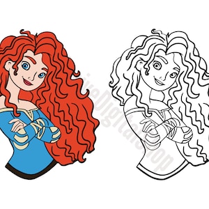 以下が含まれることがあります： 赤い髪と長い巻き毛の女性を描いた漫画のイラスト。彼女は白と黄色のアクセントのある青いシャツを着て、腕を組んでいます。イラストは画像の左側がカラーで、右側が白黒です。