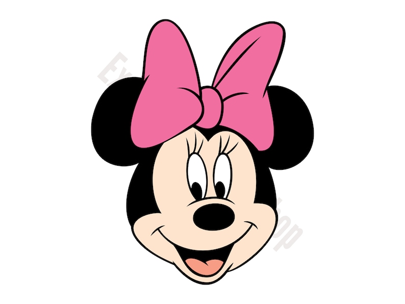 May include: A cartoon illustration of Minnie Mouse's face, featuring black ears, a pink bow, and a smiling expression. The character has a light skin tone and is set against a white background. The image is a classic representation of the Disney character.