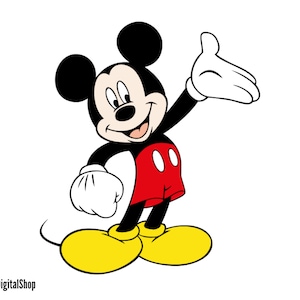 May include: A cartoon illustration of Mickey Mouse waving with a big smile. He is wearing his signature red shorts with white buttons and yellow shoes.