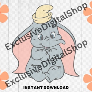 Puede incluir: Un elefante de dibujos animados gris y rosa con un sombrero amarillo. El elefante está sentado con las piernas cruzadas y la trompa enroscada. El fondo es un patrón de cuadros blancos y grises.