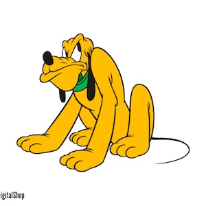 May include: A cartoon illustration of a yellow dog with a green collar and black ears. The dog is sitting with its head down and its tail curled behind it.