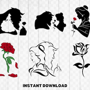 May include: Black and white silhouette illustrations of Belle and the Beast from the Disney movie Beauty and the Beast. The illustrations show Belle and the Beast looking at each other, Belle holding a rose, and Belle and the Beast holding a rose together. There are also two black and white silhouette illustrations of roses.