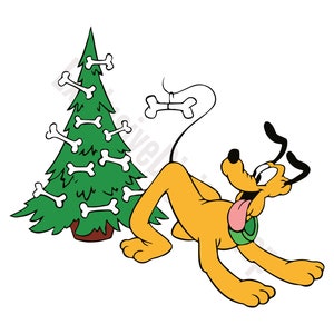 May include: A cartoon dog, Pluto, is reaching for a bone ornament on a green Christmas tree. The tree is decorated with white bone ornaments.