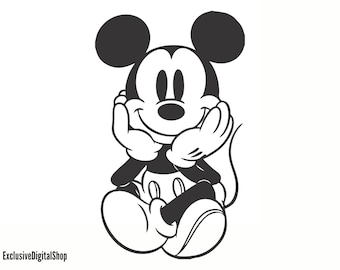 Mickey Mouse Happy SVG | Baby Pose, Sitting, Black & White Outline, Cute Cartoon | Digital Download Cricut Silhouette