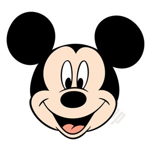 May include: A cartoon illustration of Mickey Mouse's face, featuring large black ears, a black nose, and a smiling expression. The face is primarily beige with a pink tongue and white eyes. The image is set against a white background.