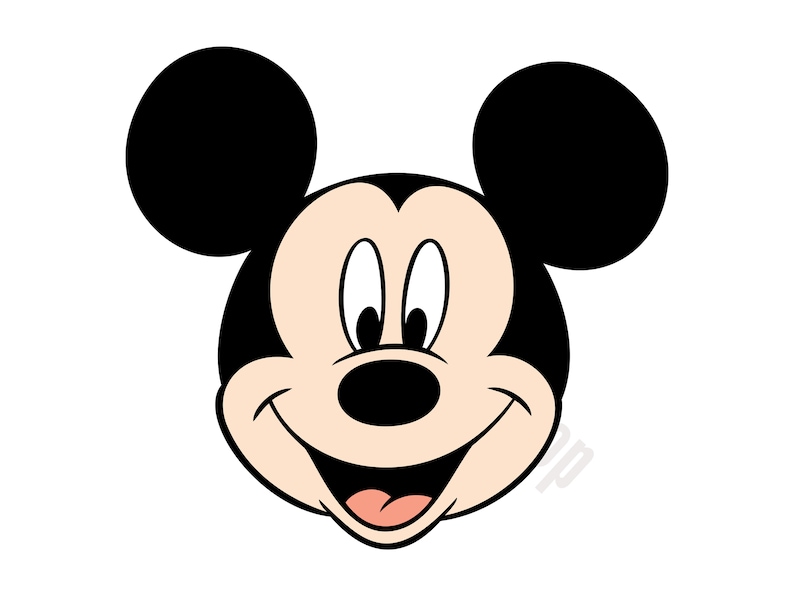Pode incluir: Uma ilustra&ccedil;&atilde;o de desenho animado do rosto do Mickey Mouse, com grandes orelhas pretas, um nariz preto e uma express&atilde;o sorridente. O rosto &eacute; principalmente bege com uma l&iacute;ngua rosa e olhos brancos. A imagem est&aacute; em um fundo branco.