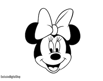 Minnie Mouse hoofd SVG | Zwart-wit cartoon, strik, lachend gezicht | Meisje muis gesneden bestand | Digitale download Cricut-silhouet