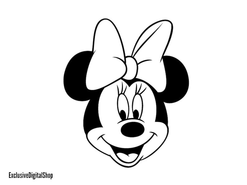 Minnie Mouse Head SVG | Black & White Cartoon, Bow, Smiling Face | Girl Mouse Cut File | Digital Download Cricut Silhouette image 1