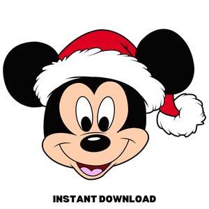 May include: A cartoon illustration of Mickey Mouse wearing a Santa hat. The image features Mickey's face with black ears, a red and white hat, and a smiling expression. The text "INSTANT DOWNLOAD" is at the bottom.