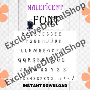 May include: A black and white font chart with the word "MALEFICENT" in purple at the top. The chart includes the alphabet and numbers 0-9, along with punctuation marks. The font is stylized and resembles a gothic or fantasy style.