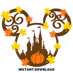 May include: A brown silhouette of Mickey Mouse ears with a castle and pumpkin inside. The ears are decorated with yellow and orange fall leaves. The words "INSTANT DOWNLOAD" are at the bottom.