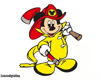 Mickey Mouse Happy SVG | Firefighter Costume, Yellow Suit, Helmet, Extinguisher | Digital Download Cricut Silhouette
