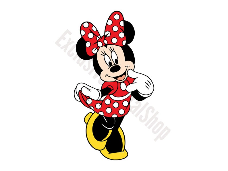 Op de afbeelding: Een cartoonillustratie van Minnie Mouse die een rode jurk met witte stippen en een rode strik met witte stippen draagt. Ze glimlacht en heeft haar handen omhoog in een gebaar van opwinding.