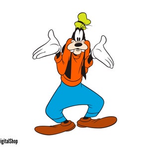 May include: A cartoon illustration of Goofy, a dog character from Disney, with a yellow hat, orange shirt, blue pants, and white gloves. He is standing with his arms outstretched, looking confused.