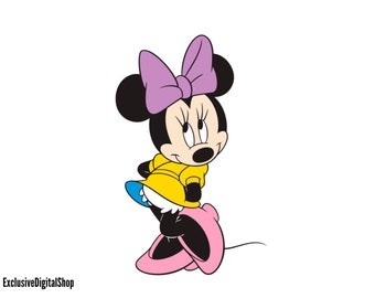 Minnie Mouse Cute SVG | Purple Bow, Pink Shoes, Yellow Top, Cartoon Mouse, Sitting Pose | Digital Download Cricut Silhouette