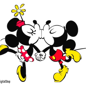 Może przedstawiać: Myszka Miki i Minnie całują się. Miki ma na sobie czerwone spodenki i żółte buty. Minnie ma na sobie czerwoną sukienkę w białe kropki i żółte buty. Za głową Minnie znajduje się żółty kwiat.