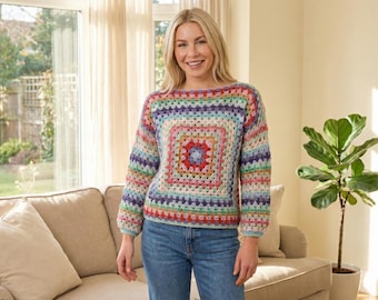 Granny Square Crochet Sweater Pattern & Video Tutorial - Oversized Boho Cardigan PDF - DIY Crochet Top for Women