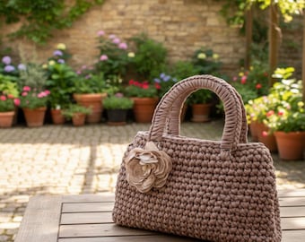 Chic Handmade Crochet Shoulder Bag with Floral Embellishment - Unique Knitted Tote - Elegant Everyday Handbag – Digital Download