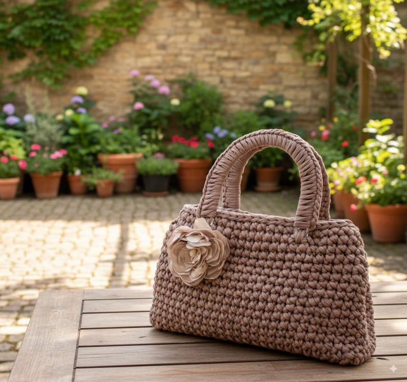 May include: A brown crocheted handbag with a flower accent. The bag has two handles and a rectangular shape. The bag is sitting on a wooden table. The background features a brick wall and potted plants.