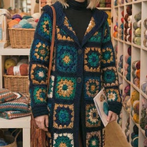 Patroon voor een Granny Square Coatigan (haakwerk) in PDF-formaat | Patchwork Boho Cardigan | Lange Dusterjas met kraag en manchetten | Digitale download | Maten: S-3XL