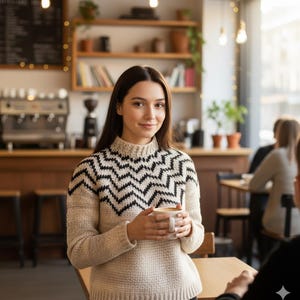 Peut inclure: Une femme porte un pull beige avec un motif en zigzag noir, tenant une tasse de café blanche. L'arrière-plan montre un café avec une machine à café, des étagères et d'autres clients.