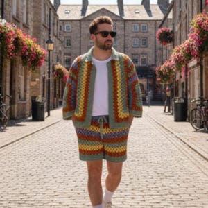 Peut inclure: Une personne porte un cardigan et un short en crochet colorés, marchant dans une rue pavée. L'ensemble en crochet présente un motif patchwork avec des nuances de vert, jaune, orange et bleu. La personne porte également un t-shirt blanc, des lunettes de soleil et des baskets.